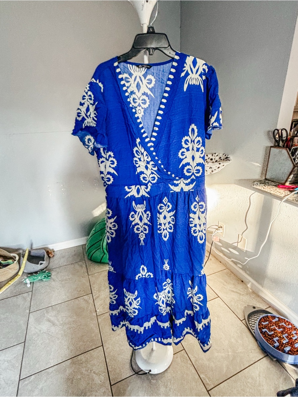 Blue Embroidered Maxi Dress - V-Neck Boho Style